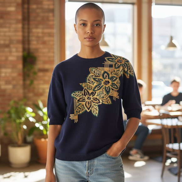 JH Collectibles Sweaters - Vintage JH Collectibles Blue Cotton Blend Floral Design w/Embroidery Size Small